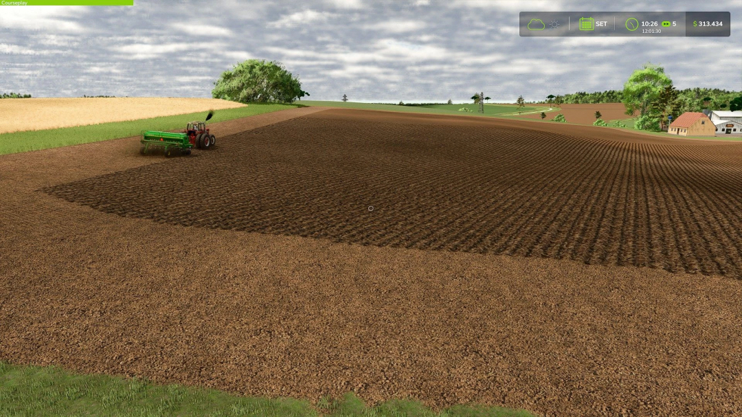 Farming Simulator 25 mod scene with a tractor cultivating a large field, showcasing the Campos Gerais Map v1.0.0.0 in FS25 mods.