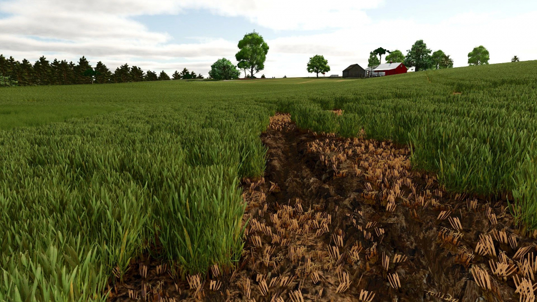 Farming Simulator 25 mod showcasing a detailed rural landscape with cultivated fields and farm buildings in the Campos Gerais Map v1.0.0.0