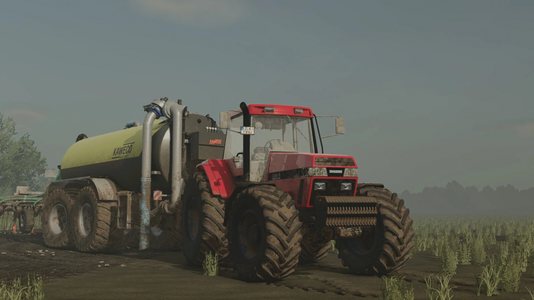 Farming Simulator 25 mod featuring a red tractor with a Kaweco tanker in a field, showcasing the Case IH 7200 Series v1.0.0.0 mod.