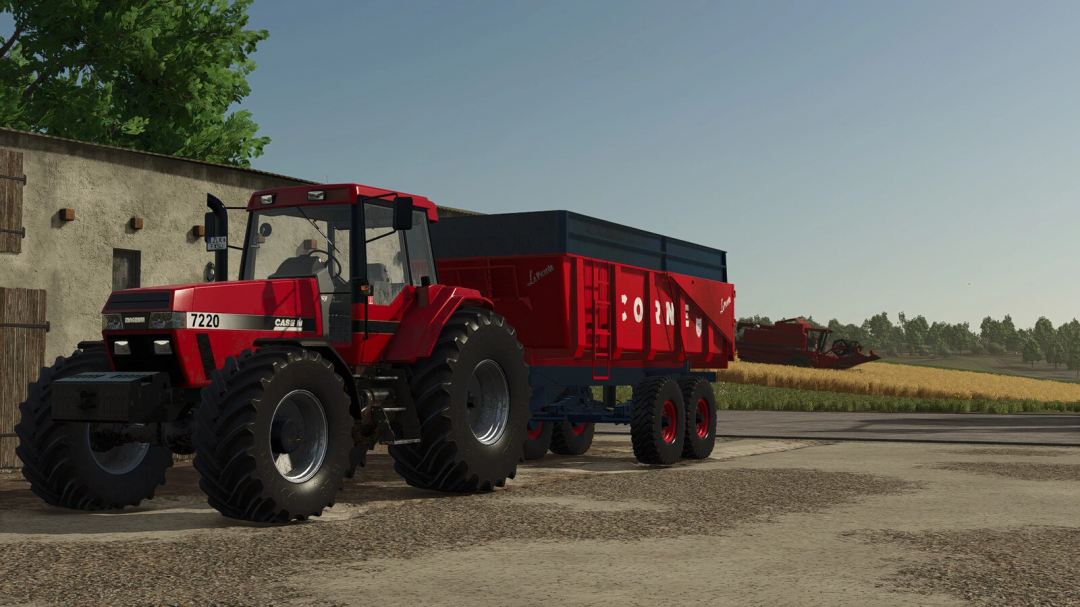 Farming Simulator 25 mod: Case IH 7200 Series tractor with red and black trailer in a farm setting.