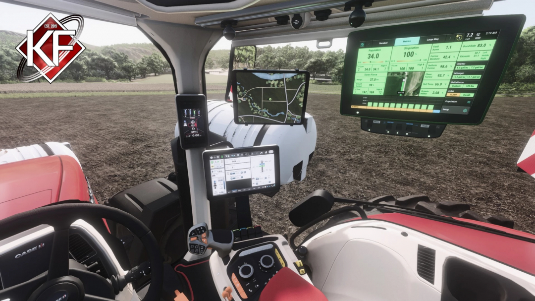 Farming Simulator 25 mod showcasing a modern vehicle cockpit with multiple screens and advanced controls.
