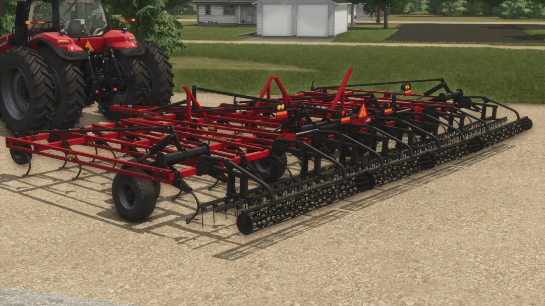 FS25 mod: Red and black Case IH Tigermate 200 cultivator attached to a tractor in Farming Simulator 25.