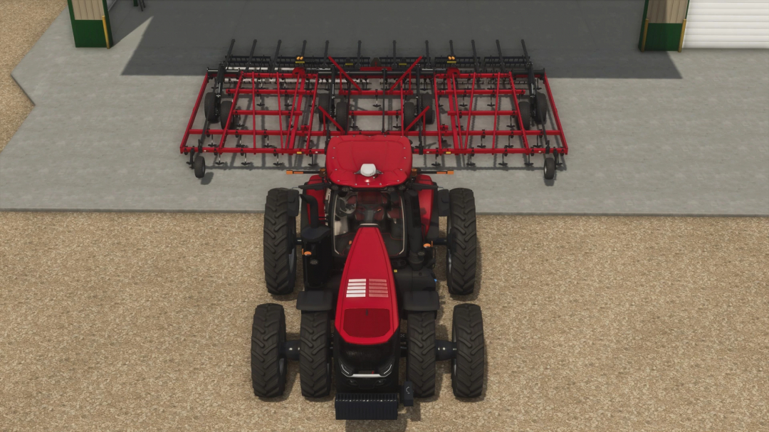 Farming Simulator 25 mod: Red tractor with a large red cultivator attachment, ready for fieldwork.