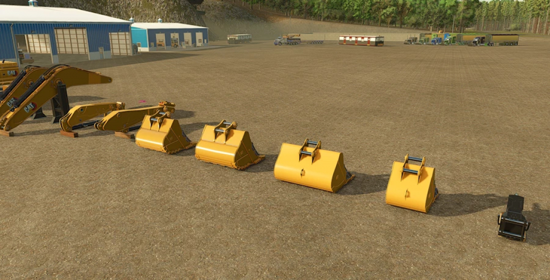 Farming Simulator 25 mods: lineup of yellow excavator buckets and attachments, including Cat 395 Excavator v1.0.0.0, on a farm yard.