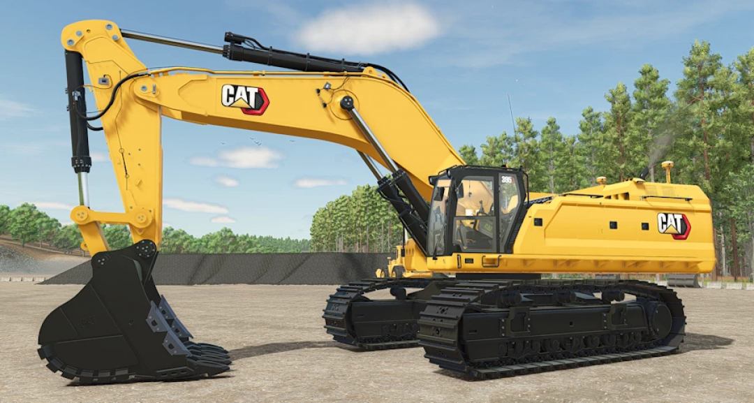 Farming Simulator 25 mods featuring the Cat 395 Excavator v1.0.0.0 with detailed yellow construction equipment on a construction site.