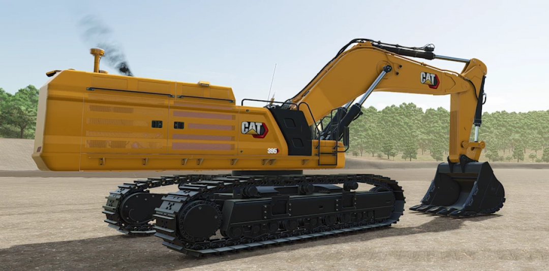 Farming Simulator 25 mod: Cat 395 excavator in yellow with tracked undercarriage, used for heavy construction tasks.