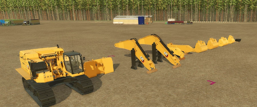 Farming Simulator 25 mod showing a yellow Cat 395 excavator with multiple attachments, part of FS25 mods collection.