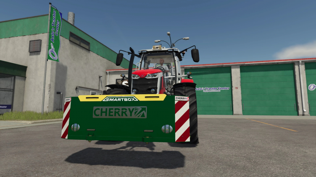 Farming Simulator 25 mod: Cherry Smartbox 2.8T v1.0.0.0 attached to a tractor outside Axle's Tractor Center.