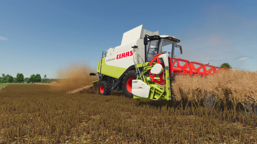 Farming Simulator 25 mods: Claas Lexion 500 Series v1.0.1.0 harvester working in a field of wheat with dust clouds, realistic graphics.