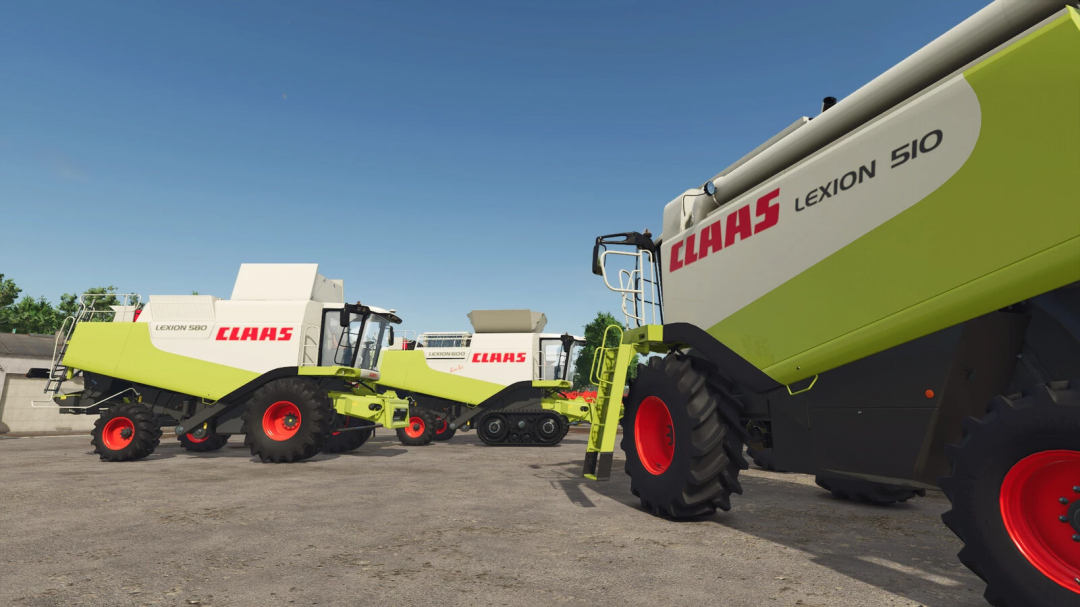 Farming Simulator 25 mods: Claas Lexion 500 Series harvesters in a virtual farming environment.