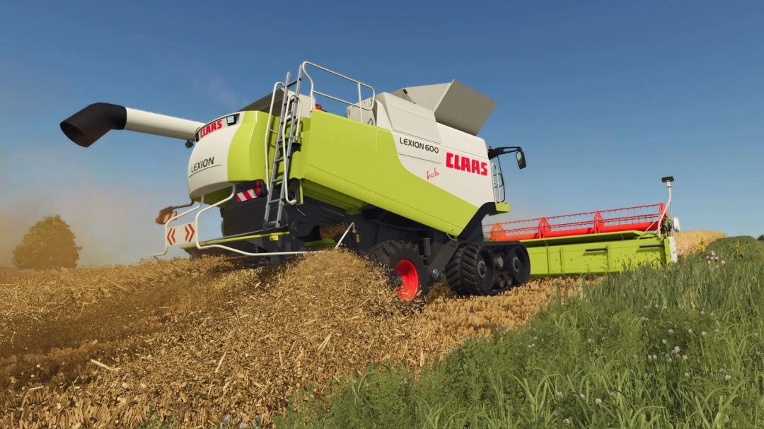 Farming Simulator 25 mods: Claas Lexion 600 Series harvesting wheat with detailed combine in lush field under clear blue sky.