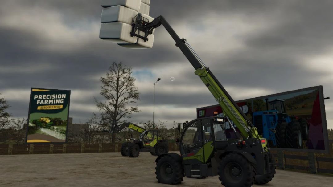 In Farming Simulator 25, two Claas Scorpion 1052 Edition 24h Le Mans mods are showcased with lifting equipment at a farm.