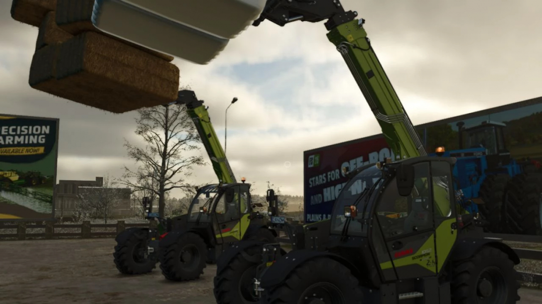 In Farming Simulator 25, two Claas Scorpion 1052 Edition forklifts lift hay bales with extended arms. Mods enhance farming realism and efficiency.