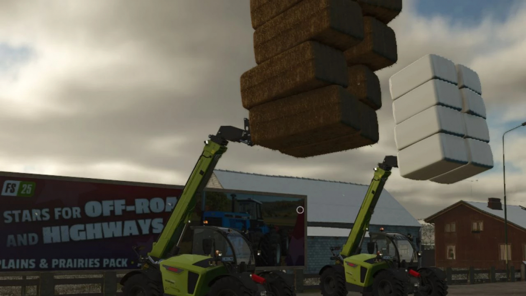 Farming Simulator 25 mod featuring Claas Scorpion 1052 Edition 24h Le Mans forklifts lifting large hay and fertilizer bales.