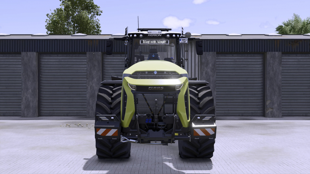 Claas Xerion 12 Edited tractor from FS25 mods, shown front view with large tires and modern design, parked in front of a garage.