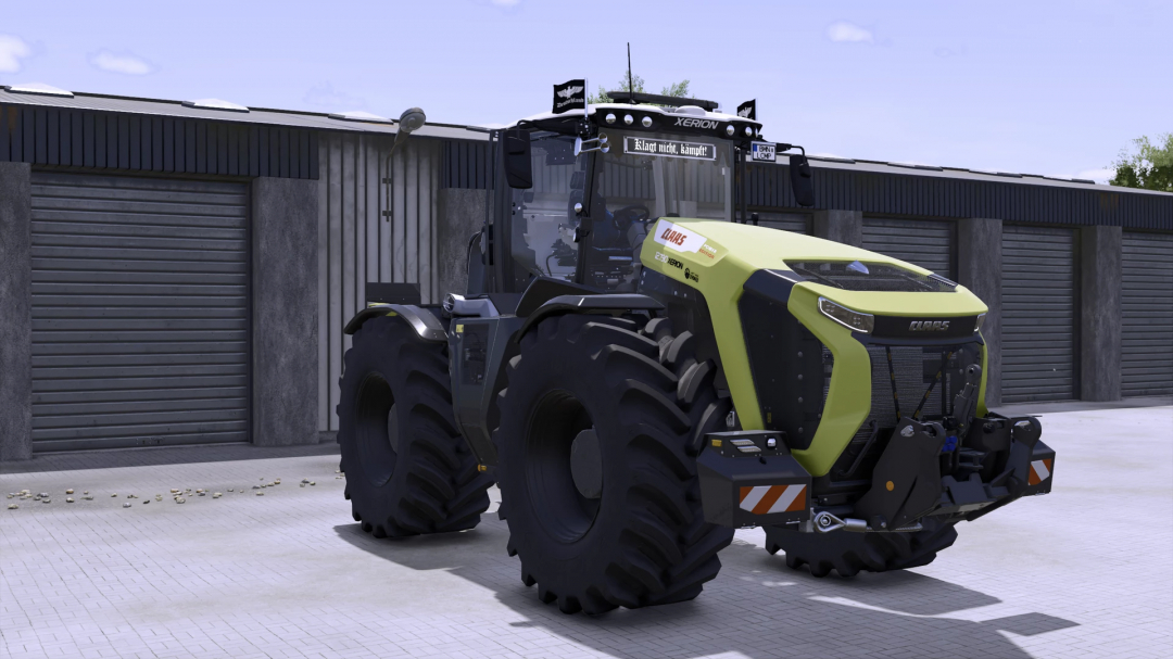 Claas Xerion 12 Edited v1.0.0.0 tractor mod in Farming Simulator 25, parked outside a storage unit with grey garage doors.
