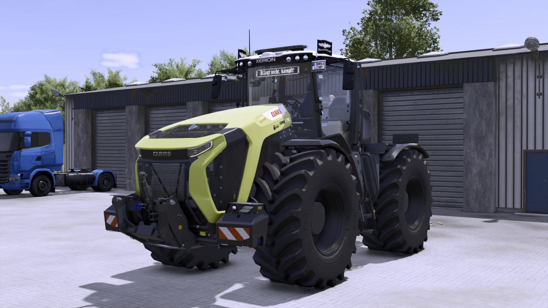 Claas Xerion 12 tractor mod from Farming Simulator 25, parked outside a storage unit, detailed with realistic textures.
