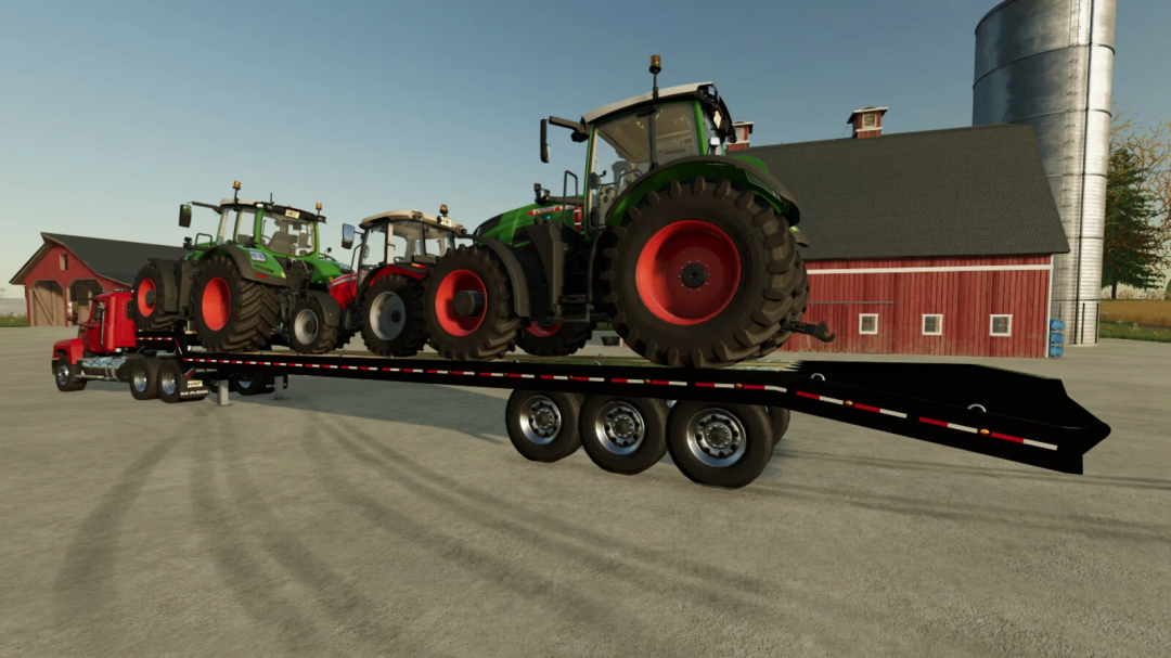 Farming Simulator 25 mods: a flatbed trailer carrying three large tractors on a farmyard, with barn and silo in the background.