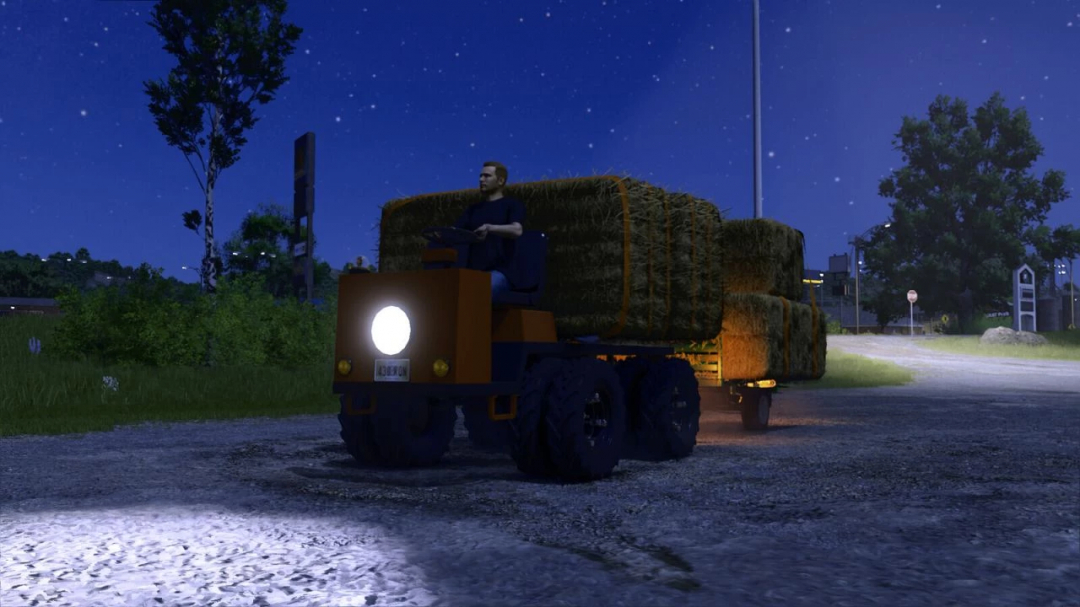 Farming Simulator 25 mod: Electric Utility Car v1.0.0.0 transporting hay bales at night.