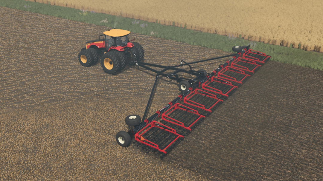 Farming Simulator 25 mod: a tractor with a red cultivator attachment working on a field.