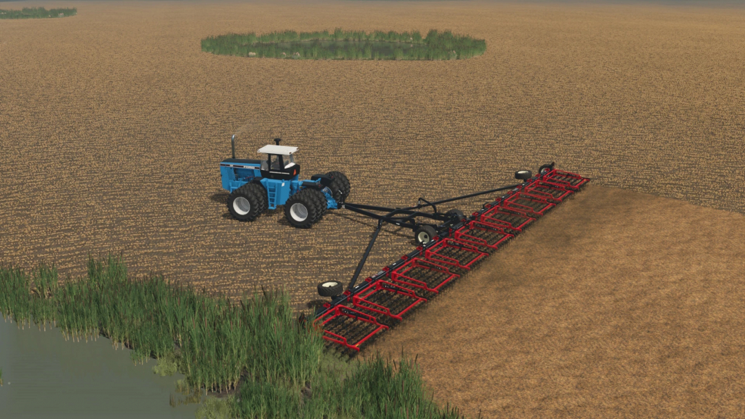Farming Simulator 25 mod: blue tractor attached to a red cultivator in a field.