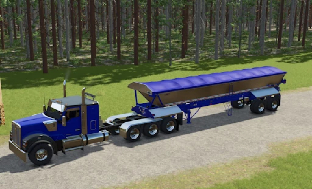 Farming Simulator 25 mod: Etnyre Live bottom trailer v1.0.0.0 hauling bulk material, detailed blue truck and trailer in a forest setting.