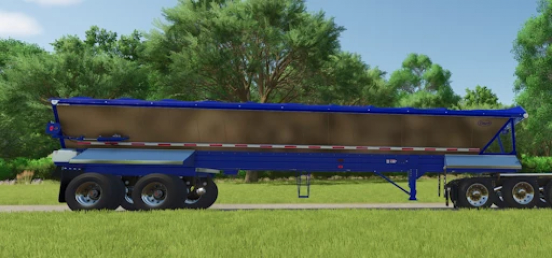 Farming Simulator 25 mods: Etnyre Live bottom trailer v1.0.0.0 showing a blue tri-axle livestock trailer on a grassy field with trees in the background.