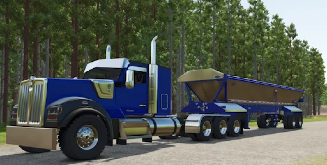 FS25 mods: Etnyre Live bottom trailer v1.0.0.0 attached to a large fuel tanker truck in Farming Simulator 25.