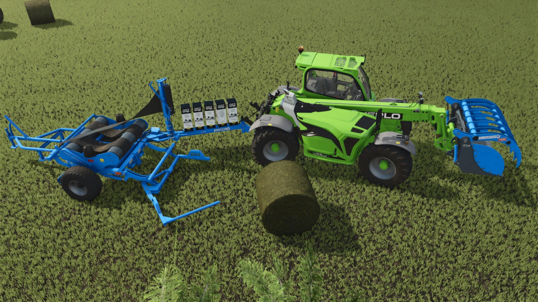Farming Simulator 25 mods: green tractor with blue Alligator Shark v1.0.0.0 attachment, harvesting hay bale on a field.
