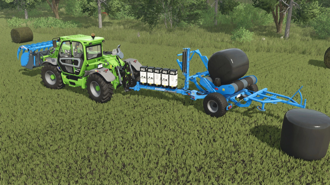 Farming Simulator 25 mod: Green tractor with blue EuroMilk Scorpio Alligator Shark v1.0.0.0 liquid manure spreader on a grassy field.