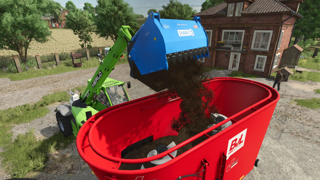 Farming Simulator 25 mod showing a green Merlo loader with Blue Shark Feather alligator shark bucket unloading soil into a red container.