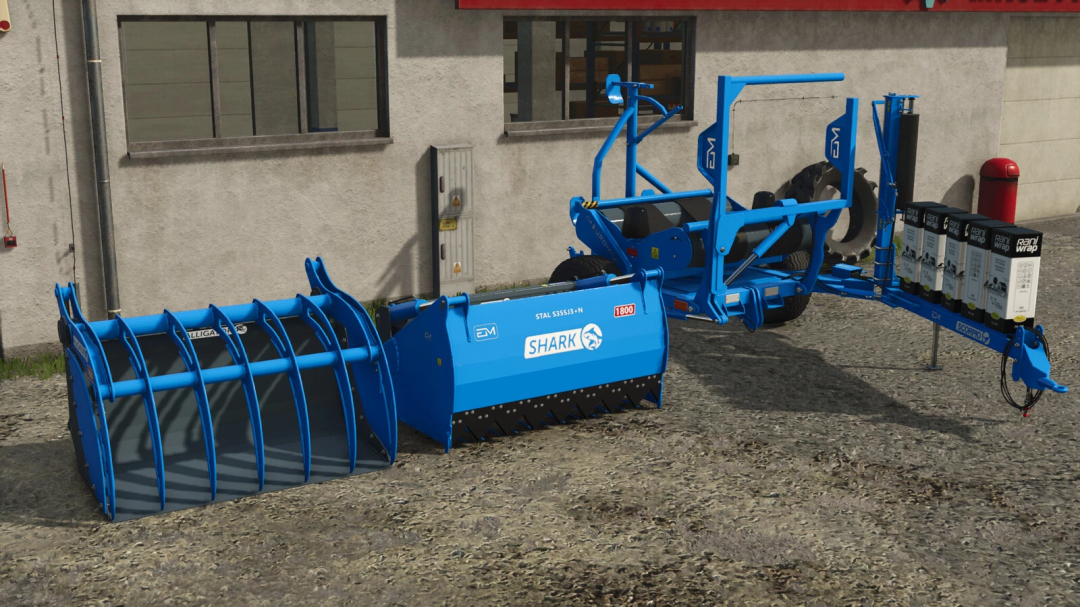 FS25 mods: Blue EuroMilk Scorpio Alligator Shark v1.0.0.0 harvesting equipment on a farm.