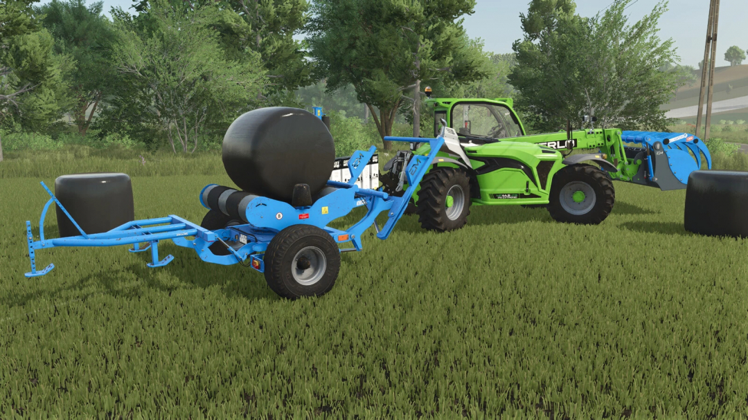 Farming Simulator 25 mod image showing a green tractor with blue planting equipment in a grassy field.