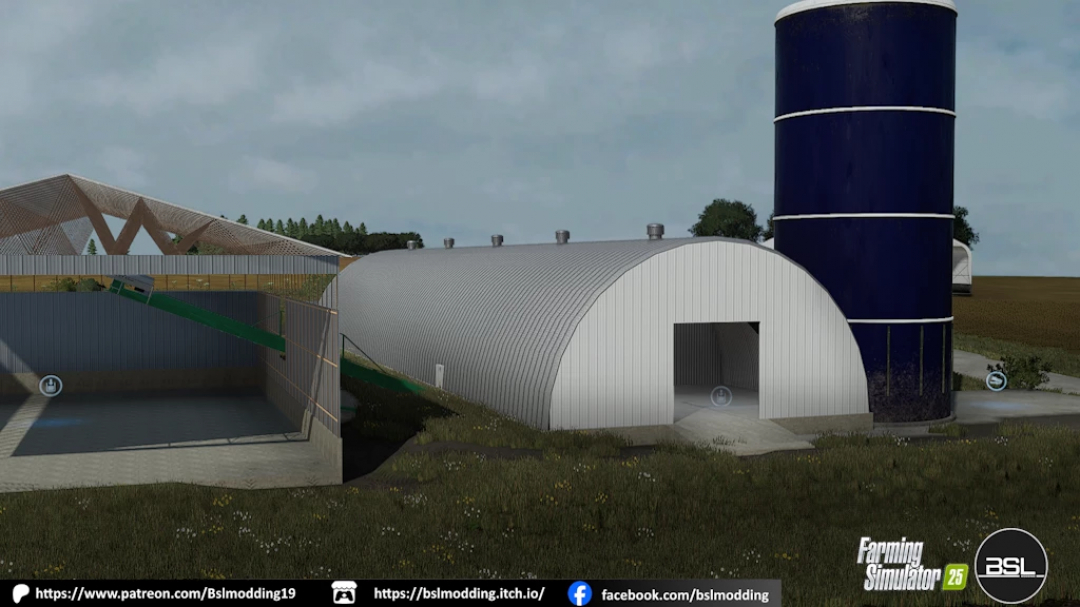 FS25 165x42 Dome tie stall mod in Farming Simulator 25, showcasing a large white and black barn with a silo and outdoor cattle resting area.