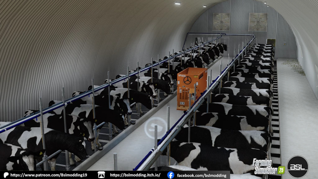 Farming Simulator 25 mod showcasing a dairy barn with Holstein cows in a dome tie stall, featuring the FS25 165x42 Dome tie stall v1.0.0.0.
