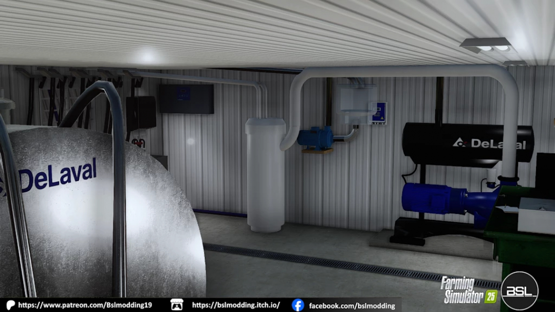 Farming Simulator 25 mod: Indoor farm equipment with DeLaval components, including tanks and machinery for dairy operations.