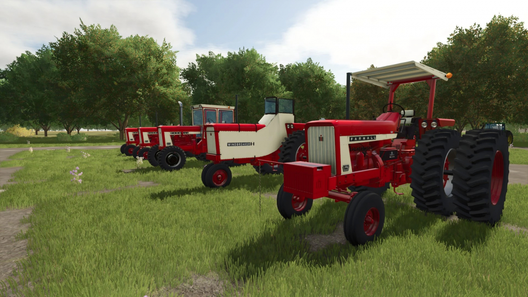Row of red tractors from Farming Simulator 25 mods, including a Farmall model, parked on grassy field with trees in background, showcasing FS25 mods.