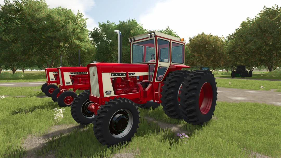 Farming Simulator 25 mods: FS25 International 656 tractor displayed in a lush farm setting with green trees.