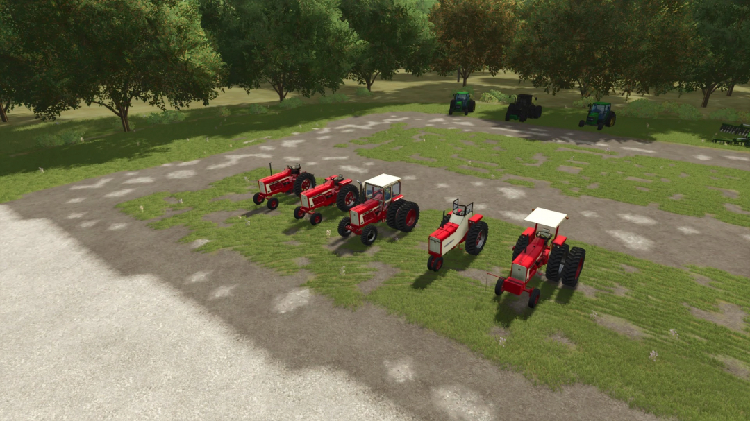Farming Simulator 25 mods: multiple FS25 International 656 tractors arranged in a row on a farm field, with trees in the background.