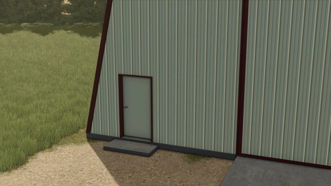Close-up of a metal shed door with a small concrete step, part of FS25 mods in Farming Simulator 25.
