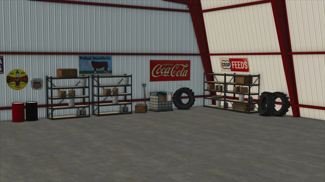 Inside a farm workshop in Farming Simulator 25 with shelves, tires, and vintage signs like CocaCola and Coop Feeds, from FS25 mods.