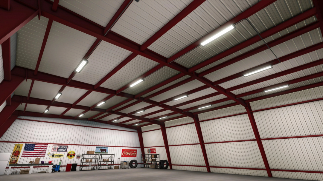 Farming Simulator 25 mod: Interior of a metal shop with shelves, tires, and vintage signs, showcasing mods for FS25 players.