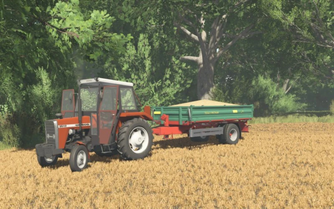 Farming Simulator 25 mod image showcasing a Pronar654/2 tractor attached to a green trailer in a field.