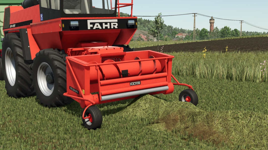 Farming Simulator 25 mod: FAHR PU210 SFH II red fertilizer spreader attached to a tractor in a field.