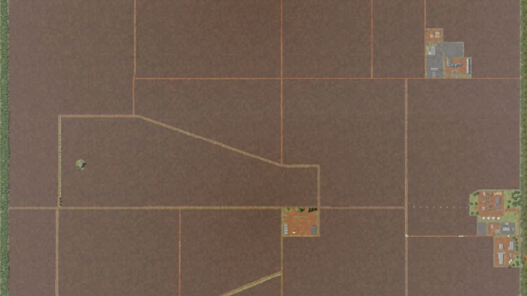A zoomed-out map view of farming fields and some farm buildings in Farming Simulator 22, showcasing the Fazenda Agroverde Nova Mutum-MT mod.