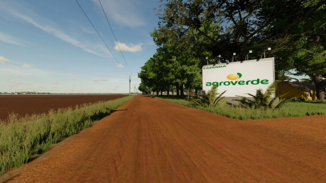 Farming Simulator 22 mod image of Fazenda Agroverde Nova Mutum-MT, featuring a dirt road with trees and a sign reading 'agroverde'.