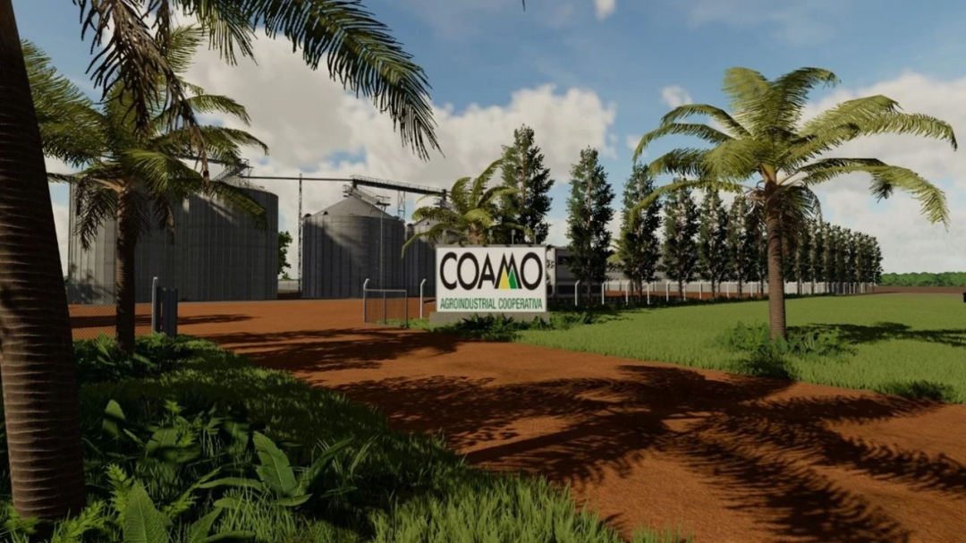 Farming Simulator 22 mod image of Fazenda Agroverde Nova Mutum-MT, rural farm with trees, silos, and a dirt road, representing farming mods.