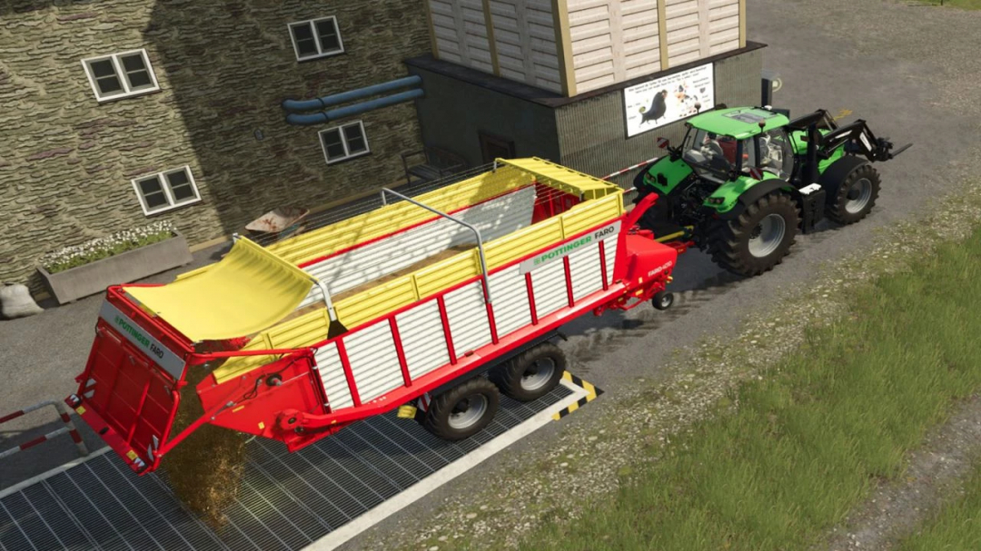 Farming Simulator 25 mod: Green tractor pulling a Feed Production Pack v1.0.0.1 trailer for forage and feed mixing.