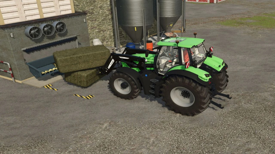 Farming Simulator 25 mod - Green tractor using feed production pack v1.0.0.1 for hay and feed storage.