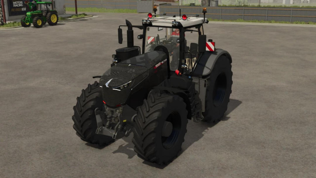 Fendt 1000 Vario Edit v1.0.0.0 mod in Farming Simulator 25, with a sleek black design and large tires, displayed in a farm yard.